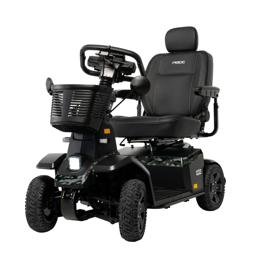 The Pride Mobility PX4 HD Bariatric Scooter offers a sturdy frame, padded seat, backrest, and armrests. Equipped with four rugged wheels, a front basket, control panel, and headlight, it delivers comfortable and accessible transportation.